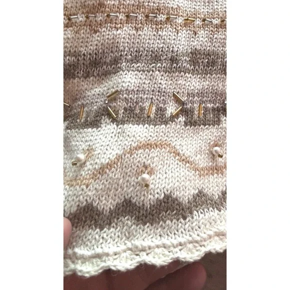 Vintage cottagecore LONG knit Women's Sweater 14 16 Beige Embellished grandmacor - Picture 9 of 14